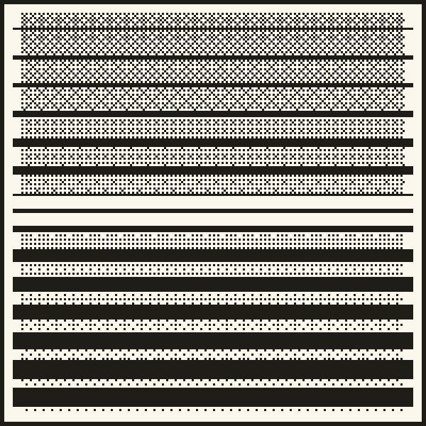 Stack of printed rules growing in weight down the plate, broken by a clear band, ink on bone
