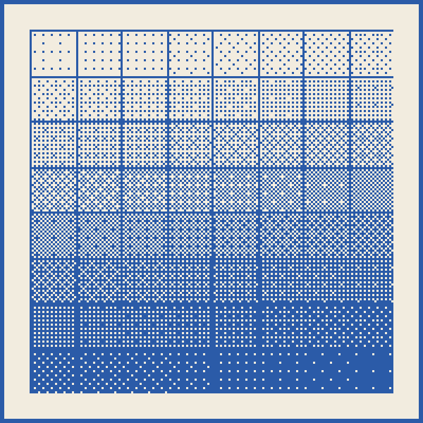 Tone chart: an eight by eight grid of flat dither densities, ruled, blue on cream