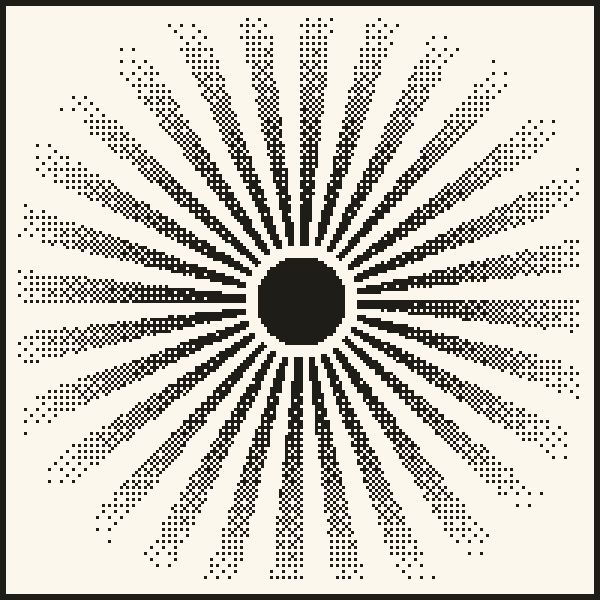Sunburst plate: dithered rays radiating from a solid hub, ink on bone